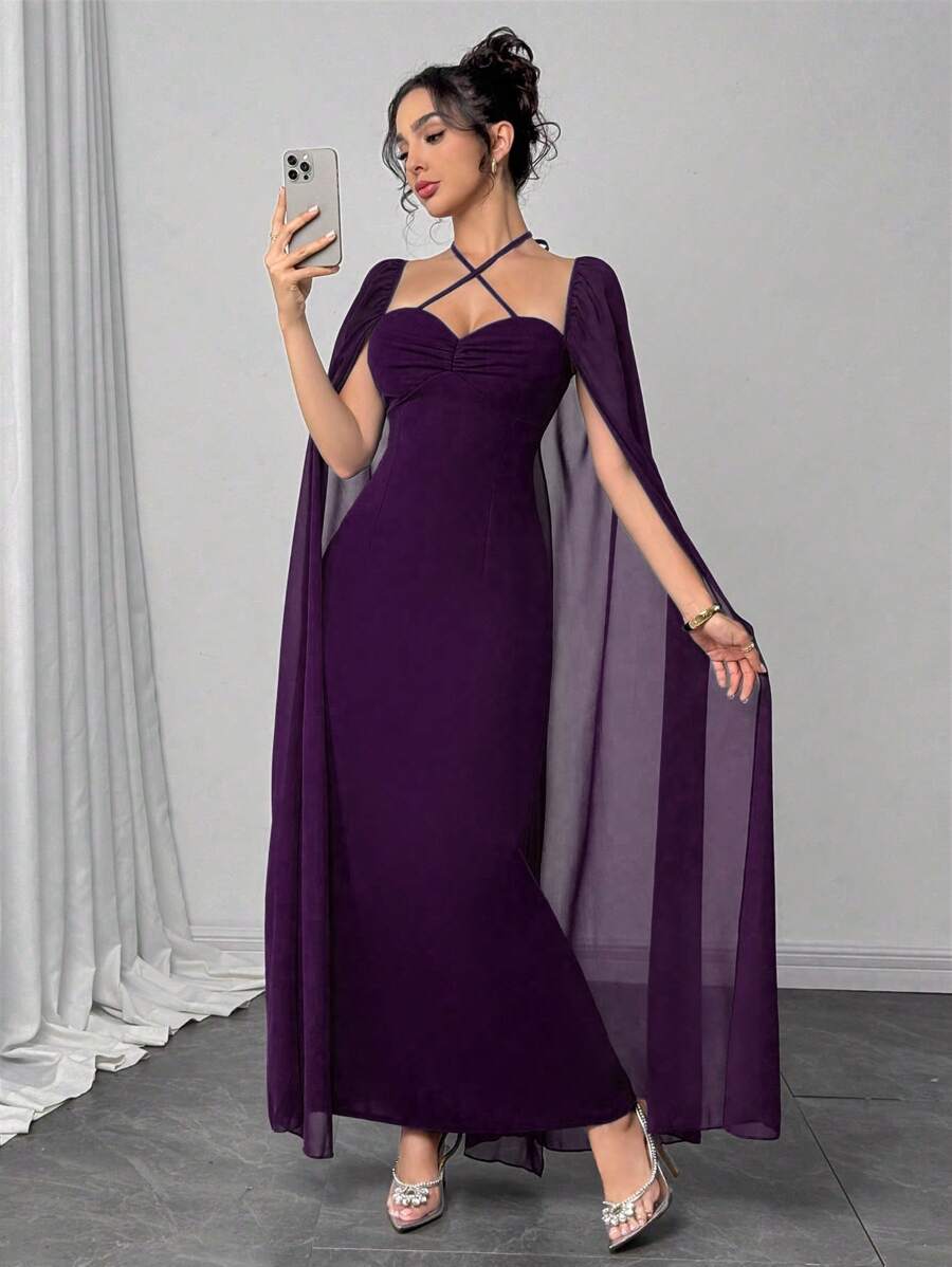 SHEIN Modelyn فستان طويل ارجواني بخصر متناسق وقصة جذابة
