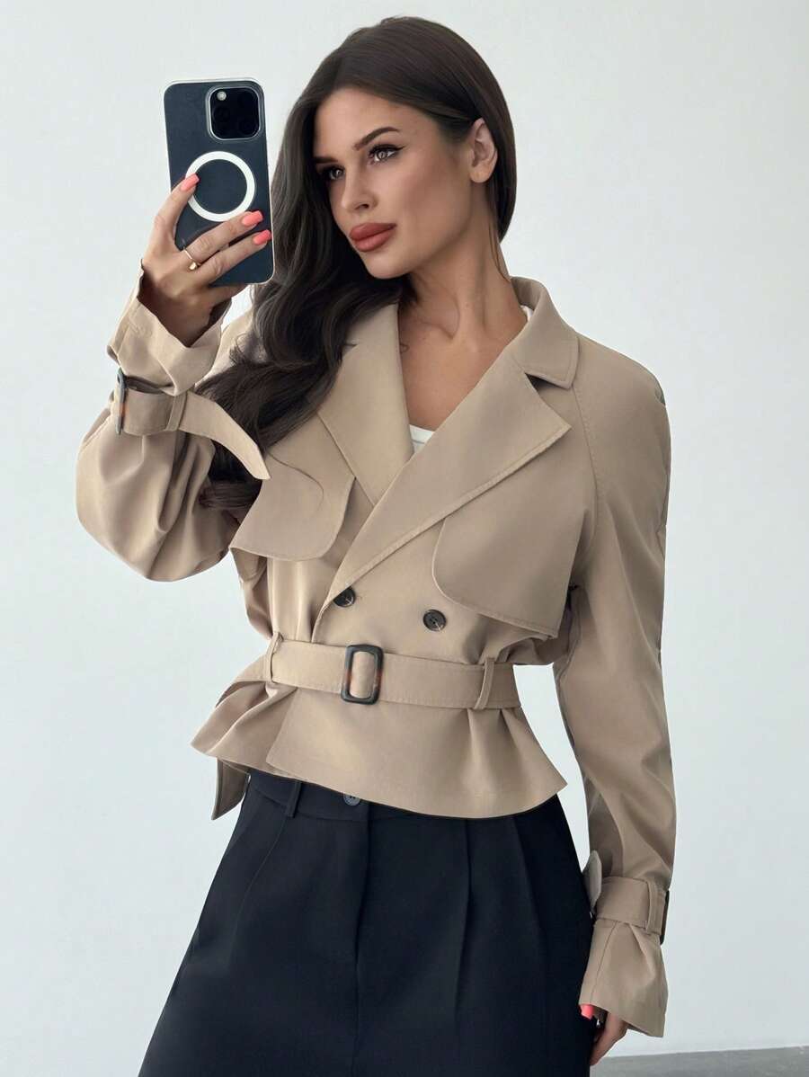SHEIN Firerie معطف ترنش نسائي بلون كاكي بحزام وخصر محدد