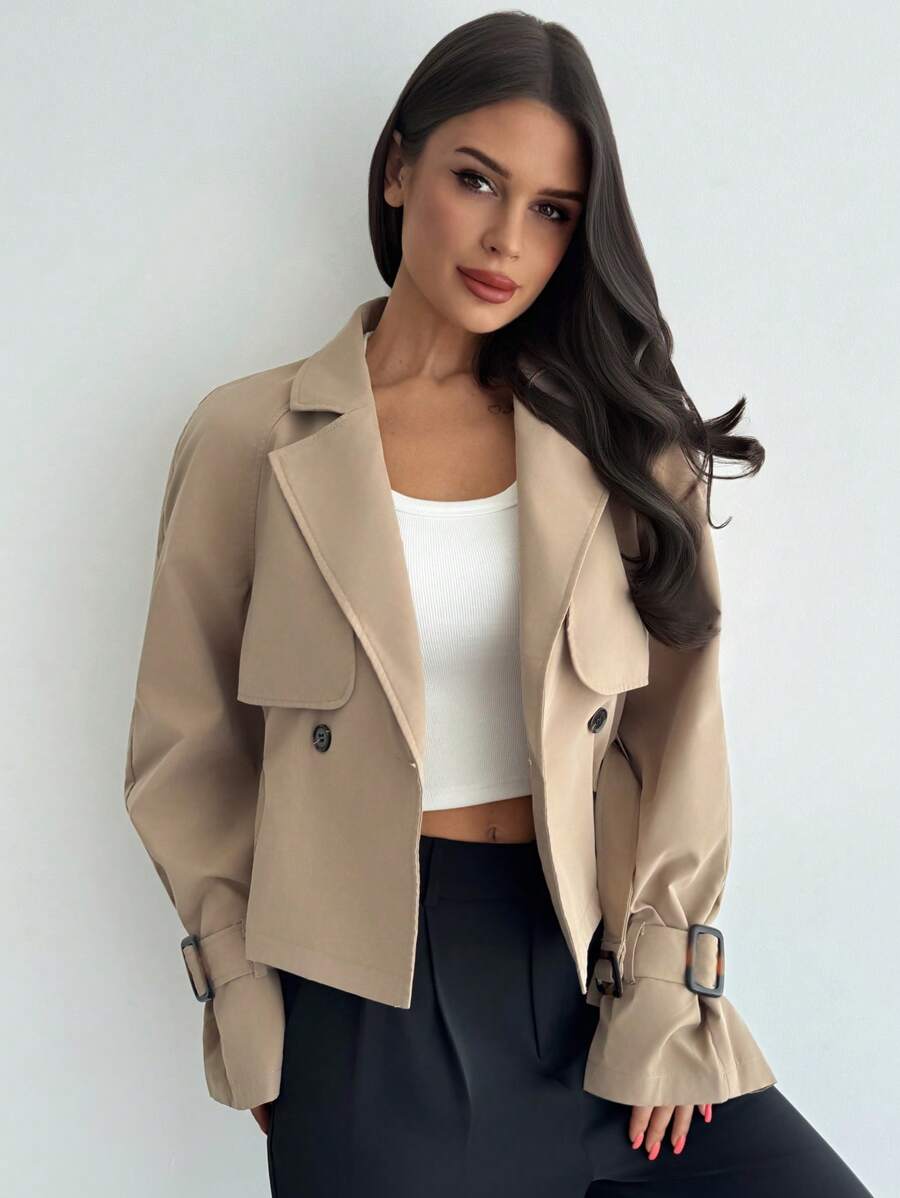 SHEIN Firerie معطف ترنش نسائي بلون كاكي بحزام وخصر محدد