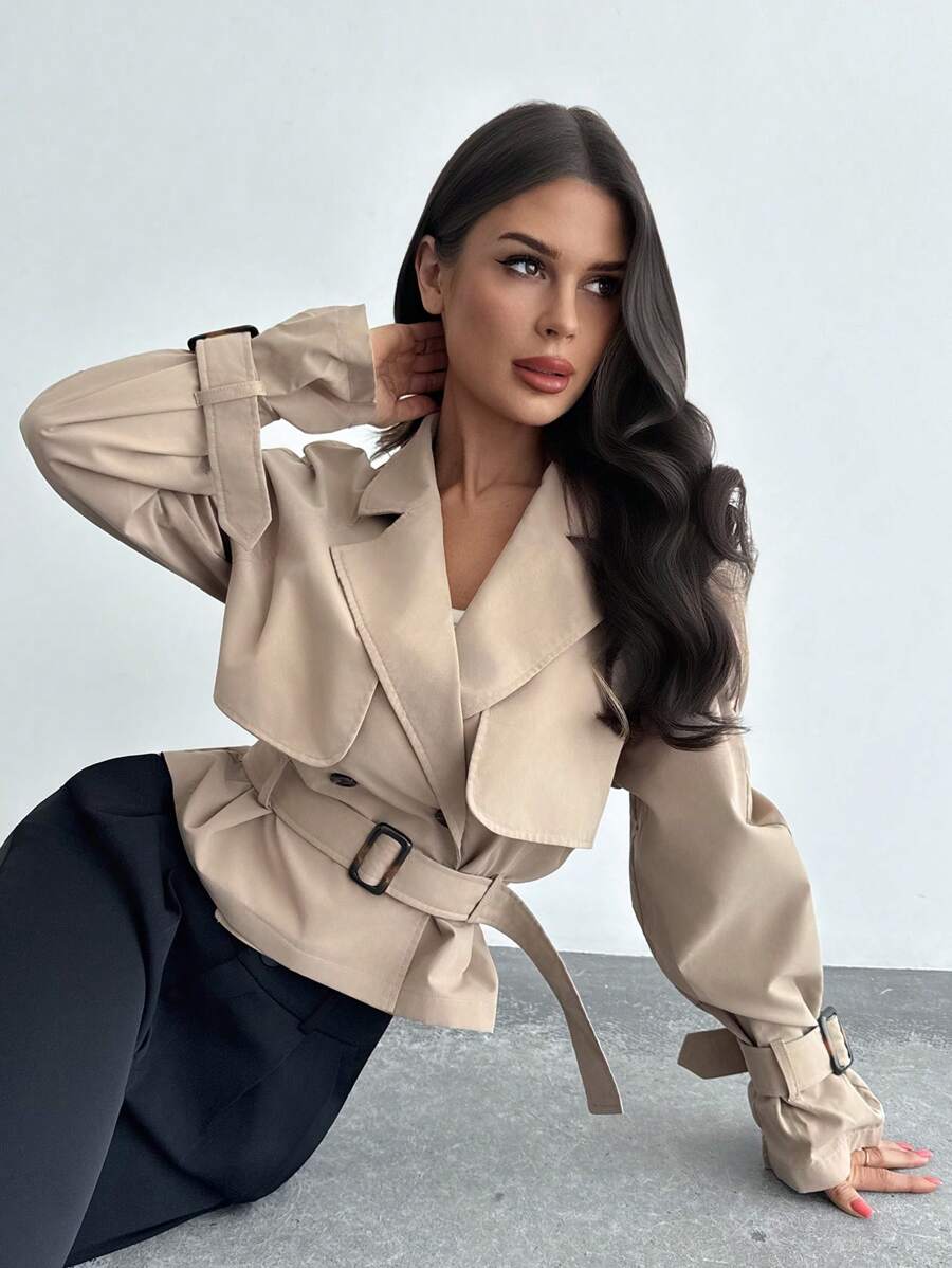 SHEIN Firerie معطف ترنش نسائي بلون كاكي بحزام وخصر محدد
