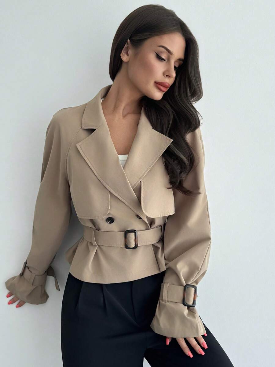 SHEIN Firerie معطف ترنش نسائي بلون كاكي بحزام وخصر محدد