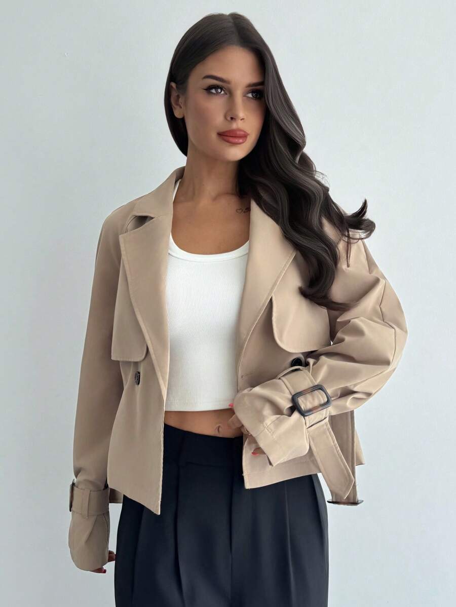 SHEIN Firerie معطف ترنش نسائي بلون كاكي بحزام وخصر محدد