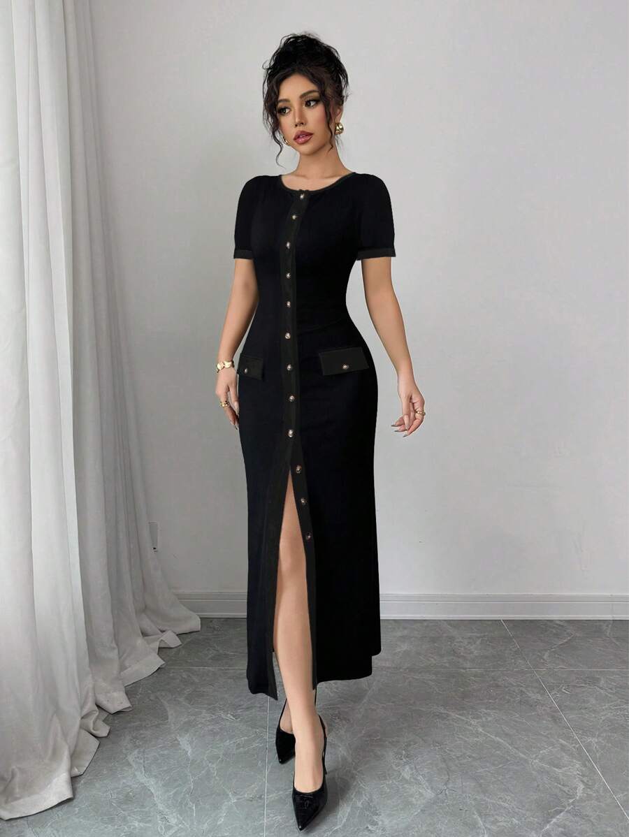 SHEIN Elenzga فستان أسود كاردجان قصير الأكمام عصري أنيق