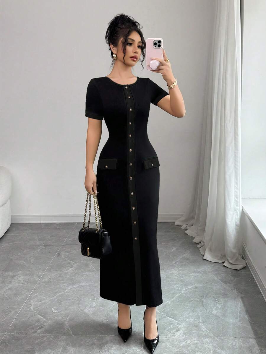 SHEIN Elenzga فستان أسود كاردجان قصير الأكمام عصري أنيق