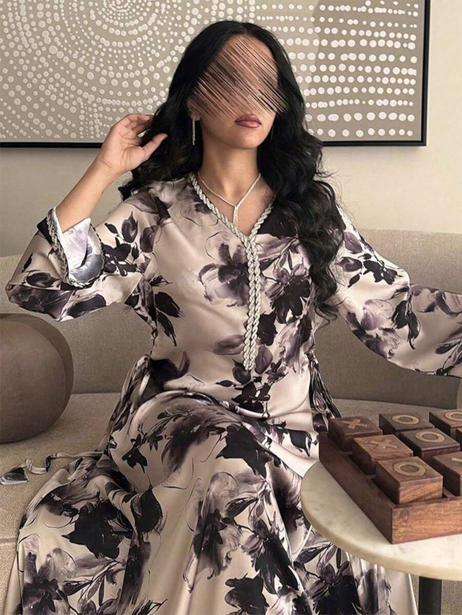 SHEIN فستان طويل مطبوع دبي مزين بالراين عبايات عصرية