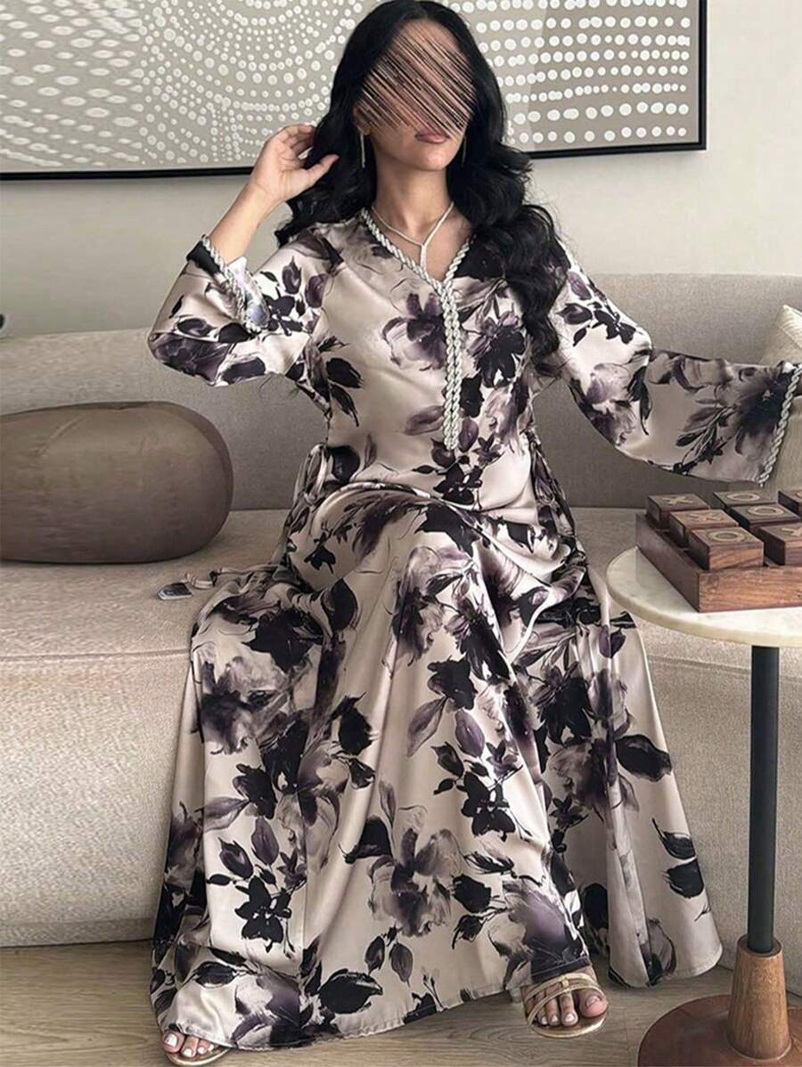 SHEIN فستان طويل مطبوع دبي مزين بالراين عبايات عصرية