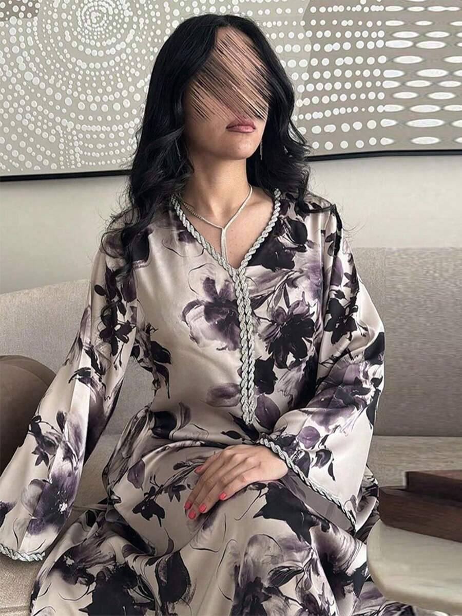 SHEIN فستان طويل مطبوع دبي مزين بالراين عبايات عصرية