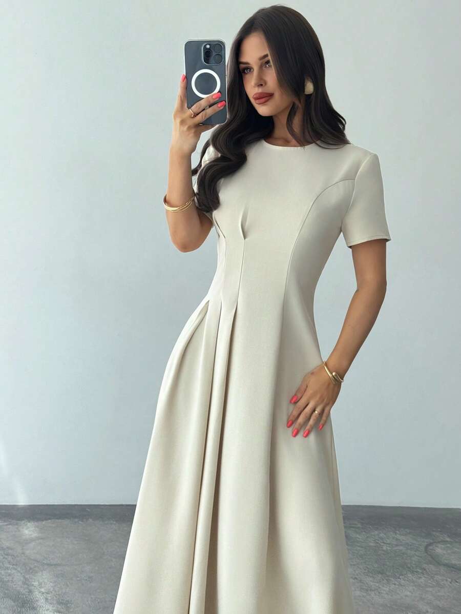 SHEIN Firerie فستان مطرز بطيات بلون مشمشي من قماش الكتان