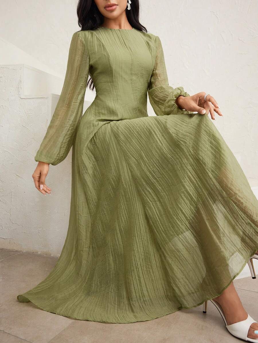 SHEIN Veilorie فستان أخضر بخصر مطوي وياقة عالية وأكمام طويلة