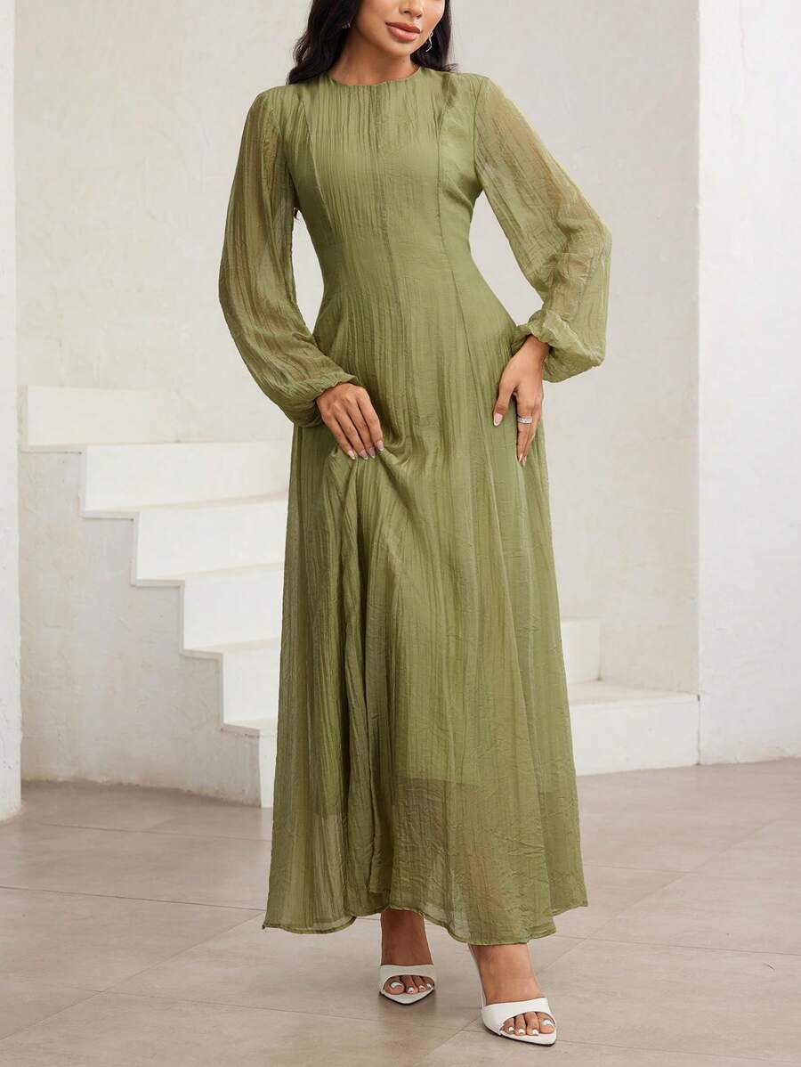 SHEIN Veilorie فستان أخضر بخصر مطوي وياقة عالية وأكمام طويلة