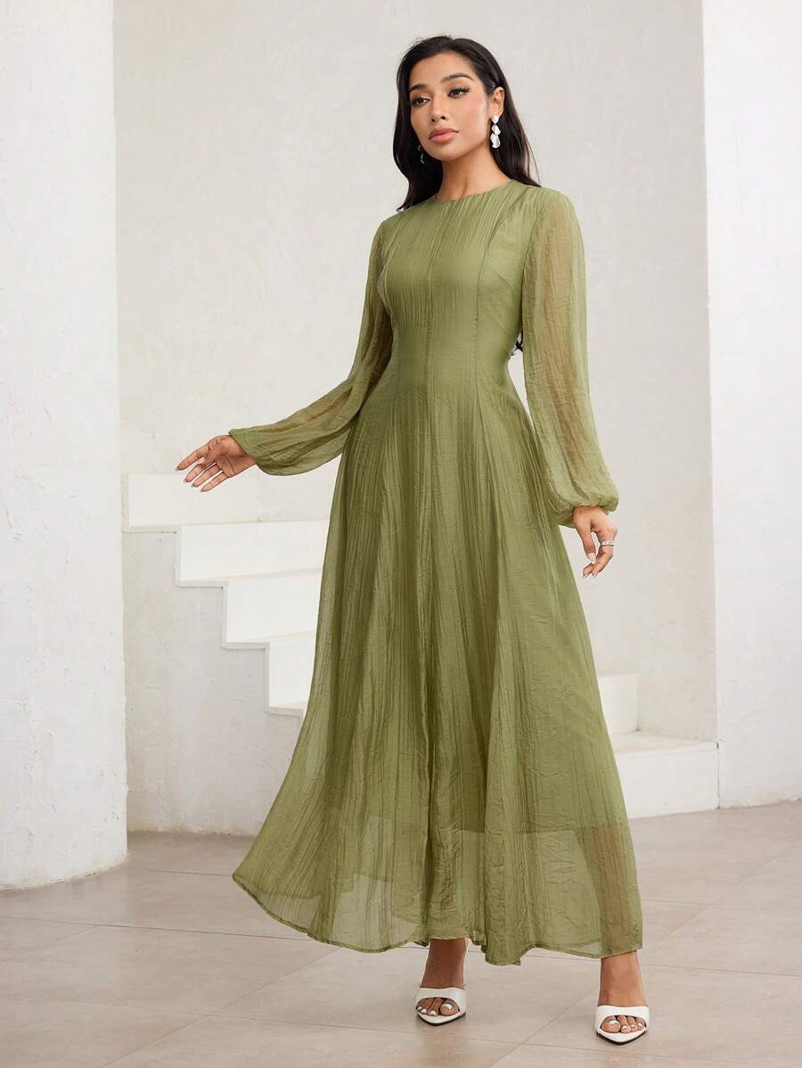 SHEIN Veilorie فستان أخضر بخصر مطوي وياقة عالية وأكمام طويلة