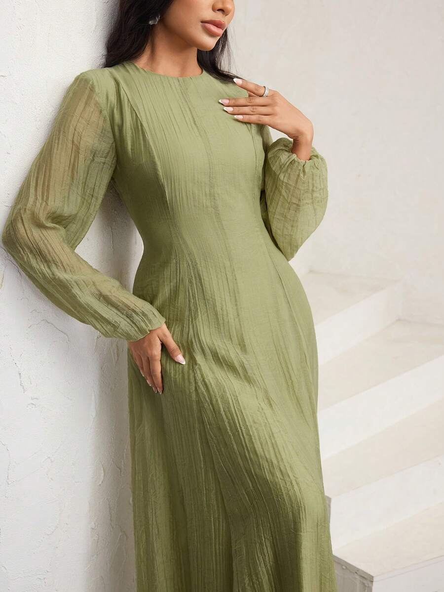SHEIN Veilorie فستان أخضر بخصر مطوي وياقة عالية وأكمام طويلة