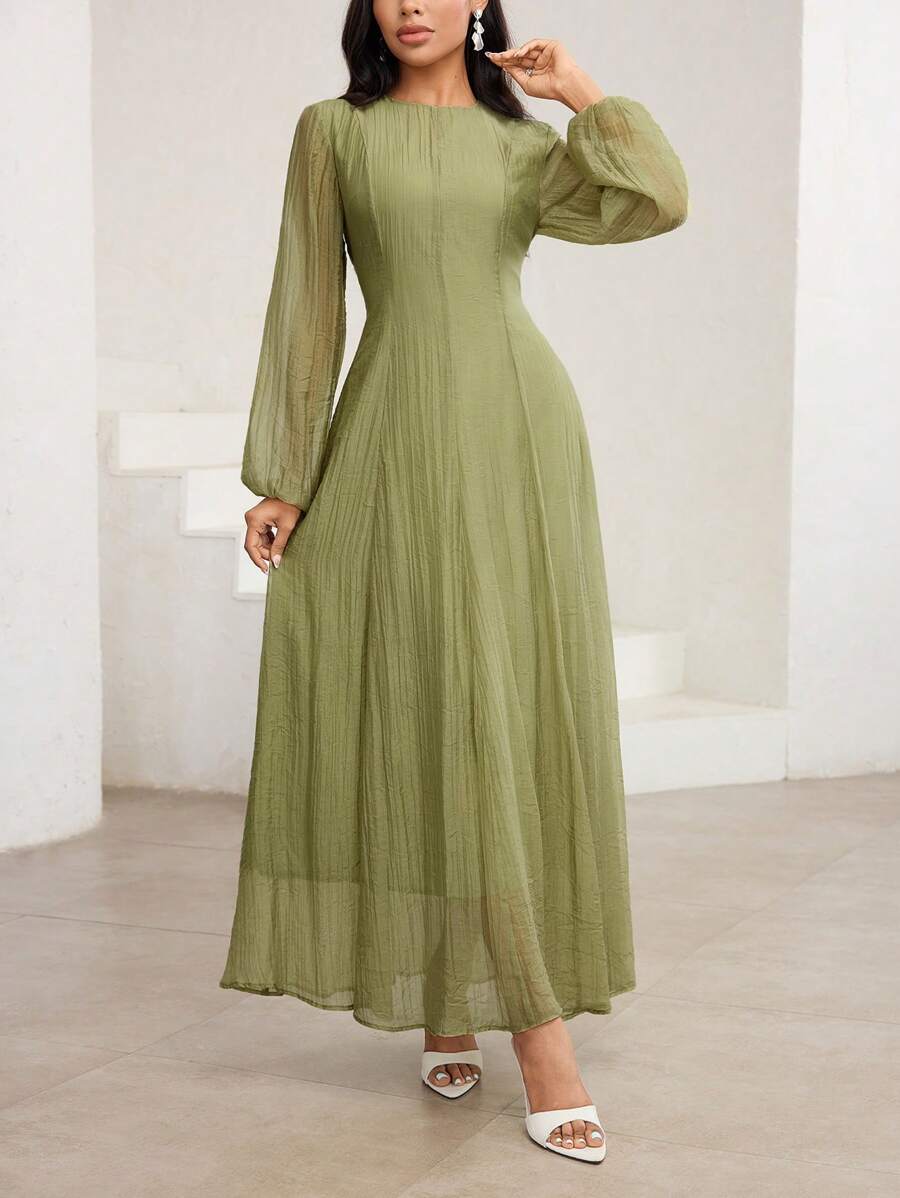 SHEIN Veilorie فستان أخضر بخصر مطوي وياقة عالية وأكمام طويلة