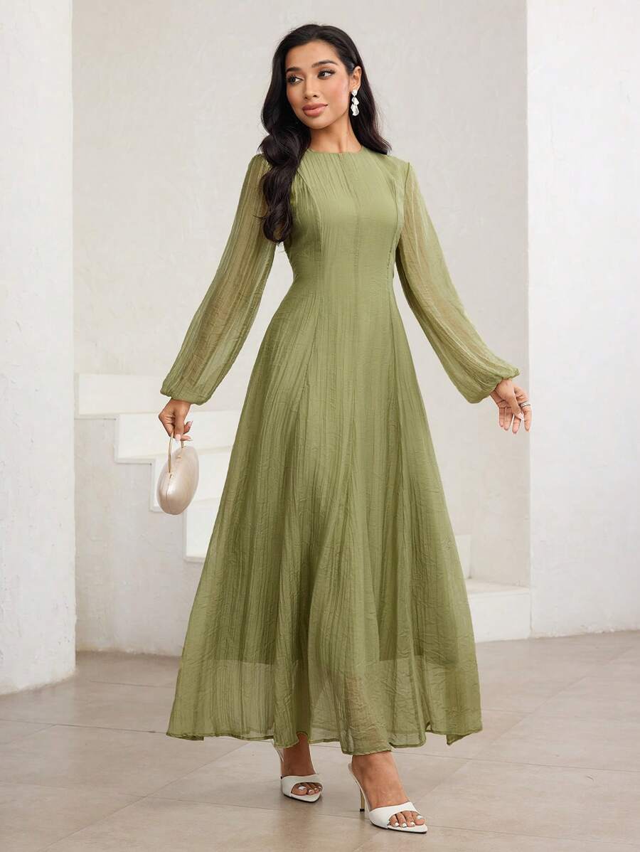 SHEIN Veilorie فستان أخضر بخصر مطوي وياقة عالية وأكمام طويلة