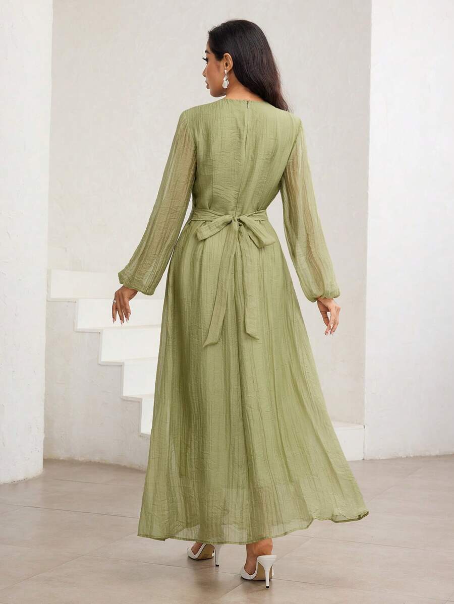SHEIN Veilorie فستان أخضر بخصر مطوي وياقة عالية وأكمام طويلة