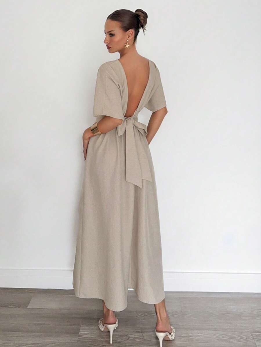 SHEIN Siren Gaze فستان بأكمام خفاش وظهر مكشوف وربطة خصر