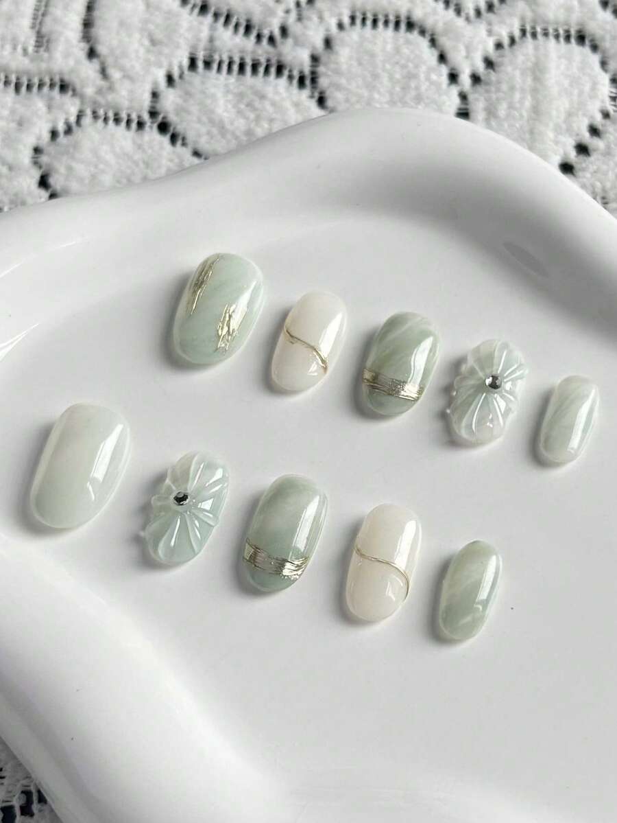 SHEIN qihangxin أظافر صناعية 10 قطع بتدرج أخضر فاتح وزهور ثلاثية الأبعاد وألماس