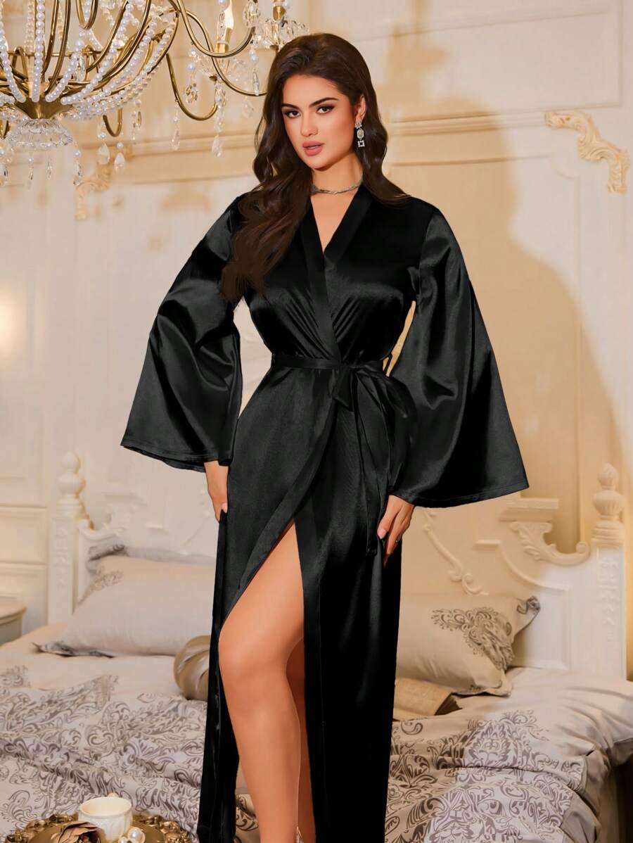 SHEIN LuxeNights رداء استحمام فضفاض ساتان أسود