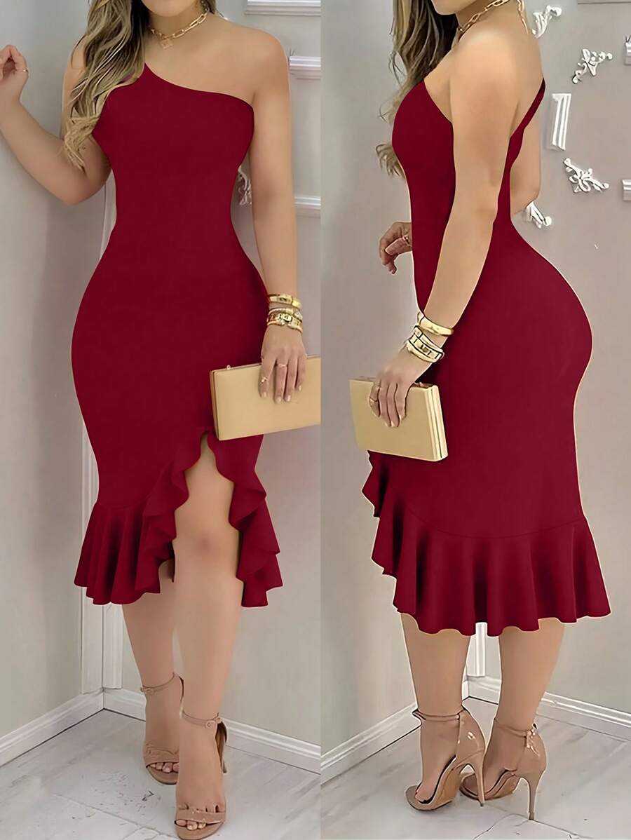 SHEIN INAWLY فستان ضيق بياقة غير متناظرة وفتحة جانبية بلون عنابي