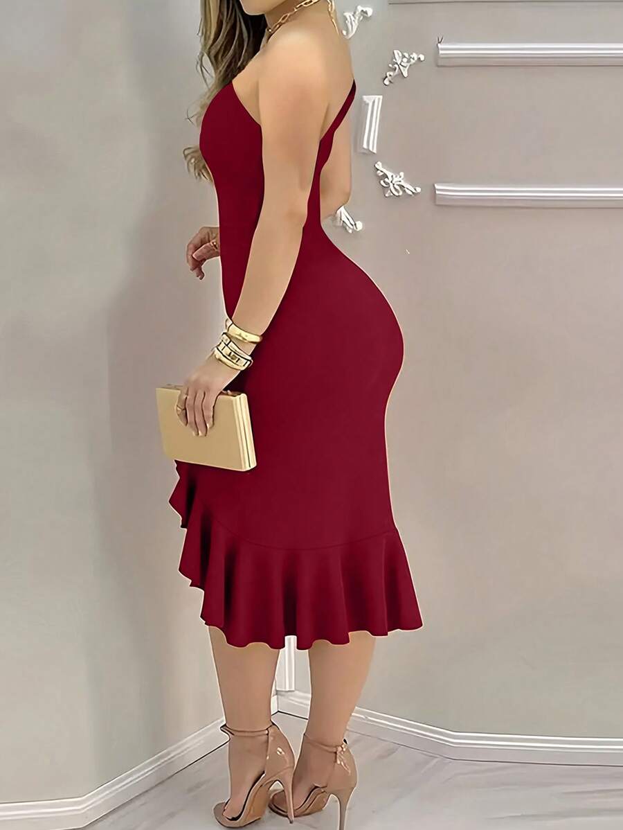SHEIN INAWLY فستان ضيق بياقة غير متناظرة وفتحة جانبية بلون عنابي