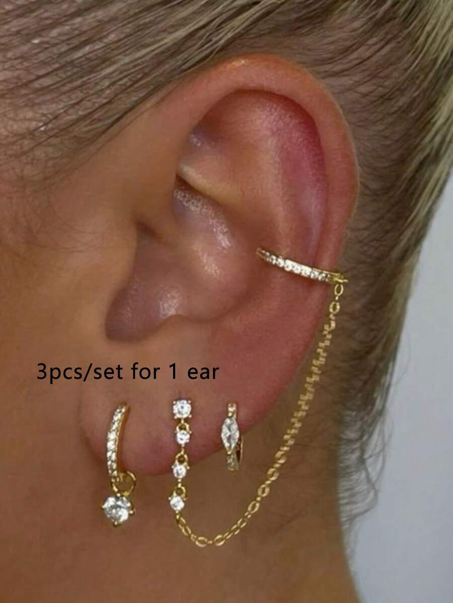 SHEIN طقم 3 أقراط دبابيس بسلاسل من المكعب بتصميم متناسق