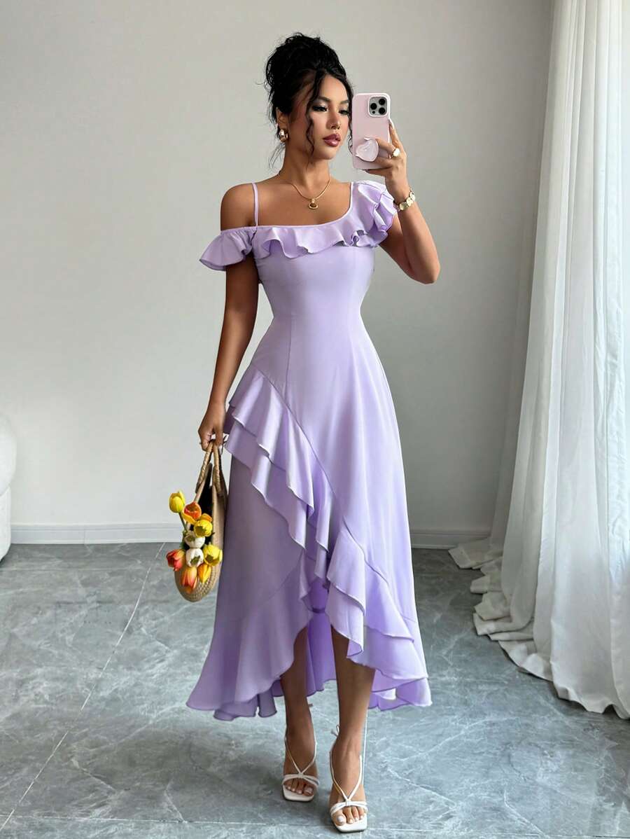 SHEIN SELIANNE فستان بكتف واحد غير متماثل بكشكشة وذيل أنيق بلون أرجواني