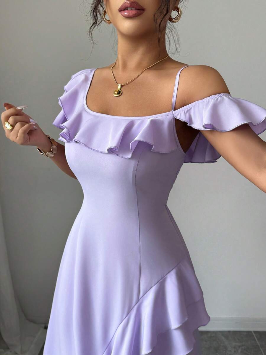 SHEIN SELIANNE فستان بكتف واحد غير متماثل بكشكشة وذيل أنيق بلون أرجواني