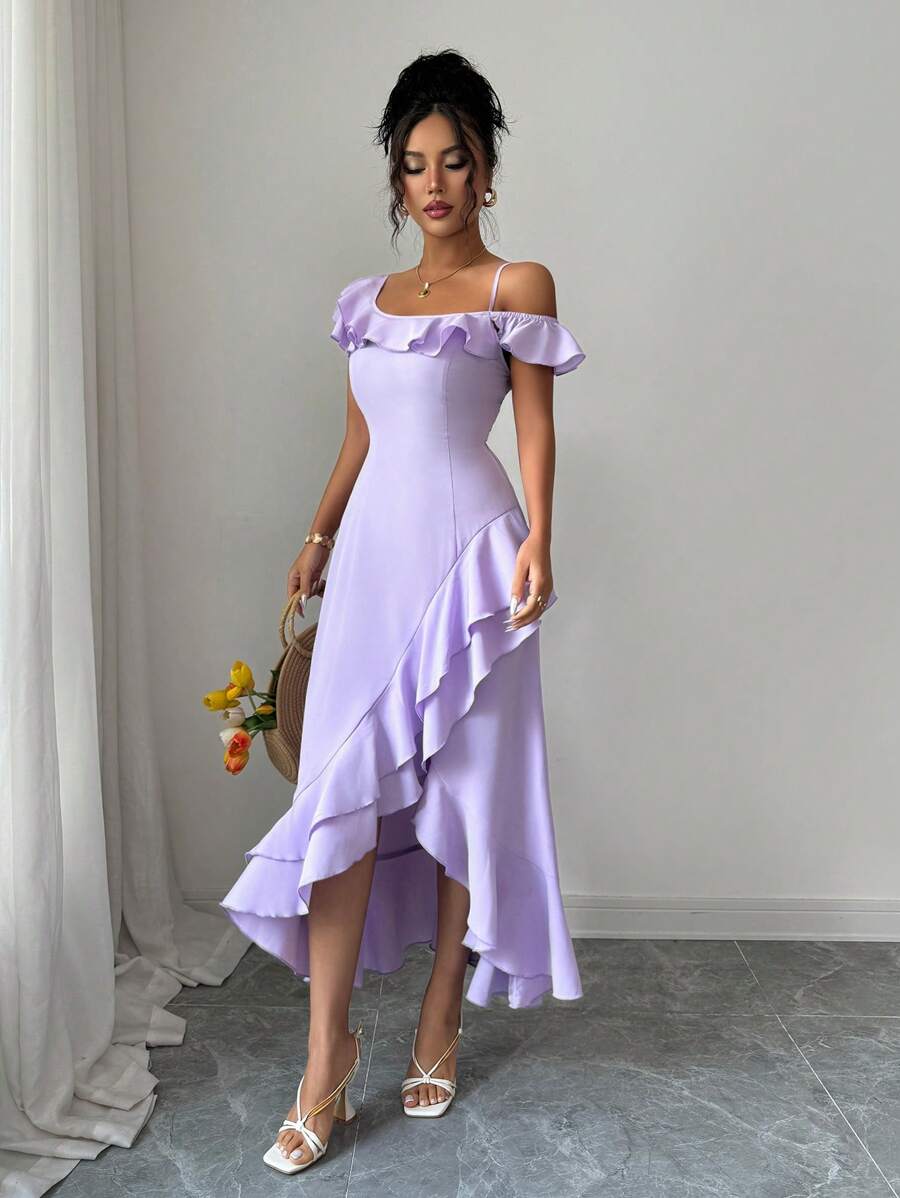 SHEIN SELIANNE فستان بكتف واحد غير متماثل بكشكشة وذيل أنيق بلون أرجواني