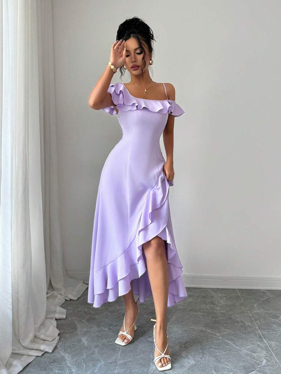 SHEIN SELIANNE فستان بكتف واحد غير متماثل بكشكشة وذيل أنيق بلون أرجواني