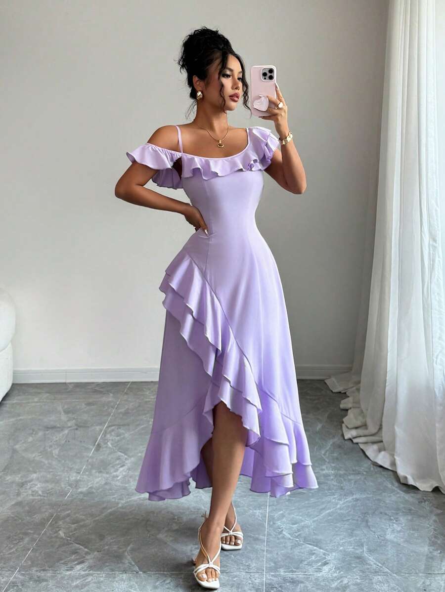 SHEIN SELIANNE فستان بكتف واحد غير متماثل بكشكشة وذيل أنيق بلون أرجواني