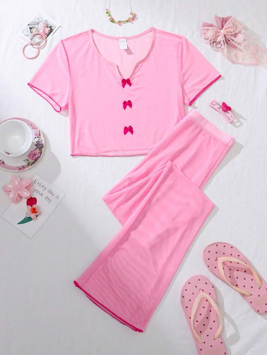 SHEIN PetitDoll بيجامة قطعتين توب قصير بياقة مستديرة وعقدة مع بنطلون طويل
