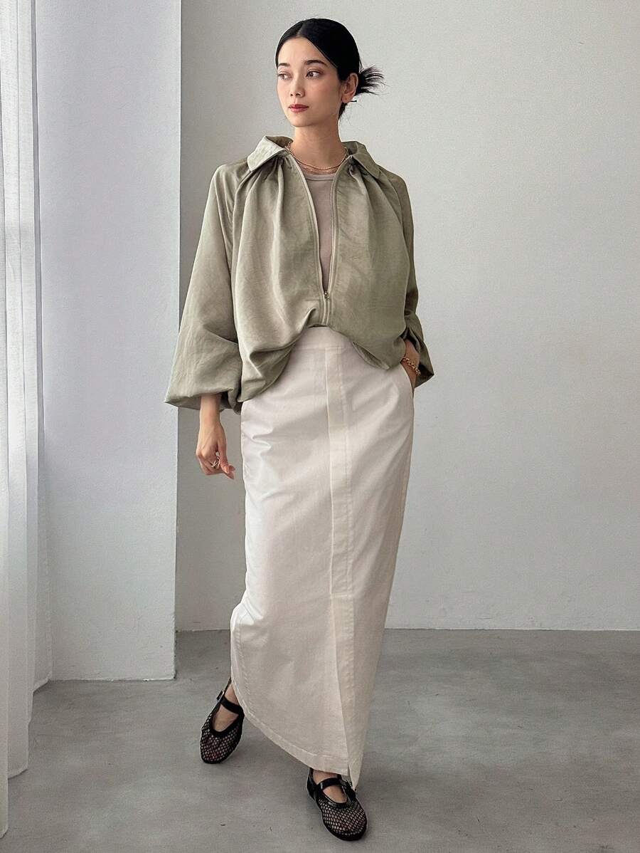 SHEIN FRIFUL جاكيت نسائي فضفاض بياقة ملونة وأكمام منسدلة وسحاب