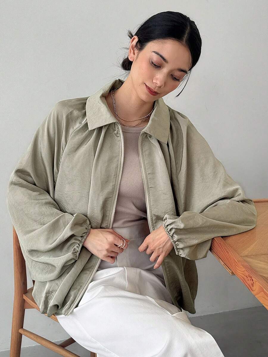 SHEIN FRIFUL جاكيت نسائي فضفاض بياقة ملونة وأكمام منسدلة وسحاب