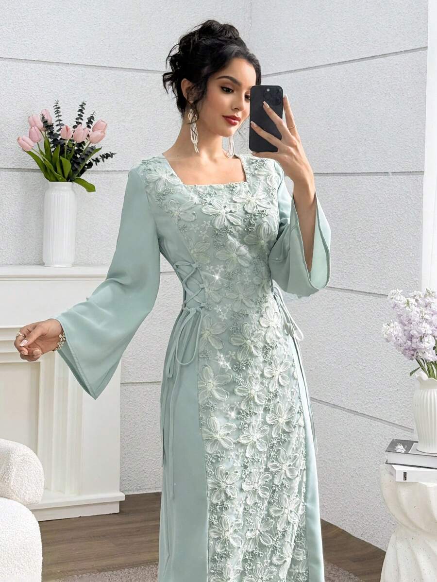 SHEIN Yasmyna فستان عربي اخضر بياقة مربعة وخصر مشدود
