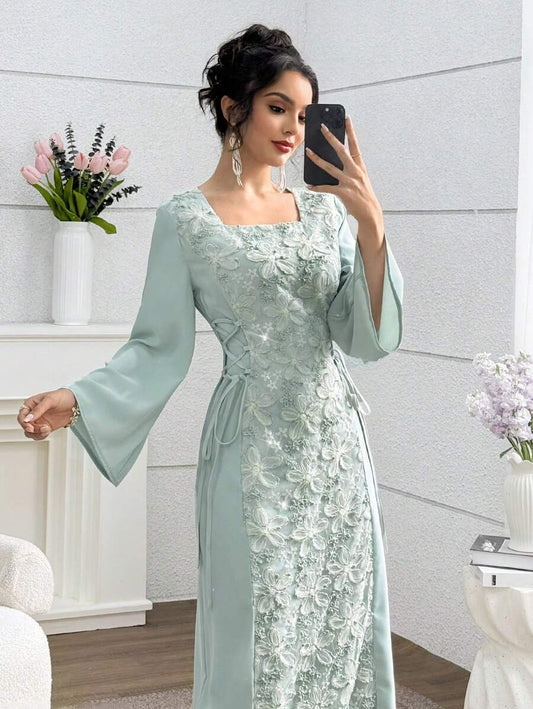 SHEIN Yasmyna فستان عربي أخضر بياقة مربعة وخصر مشدود