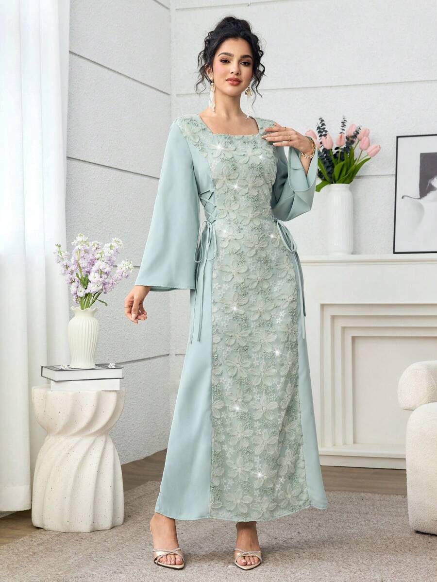 SHEIN Yasmyna فستان عربي اخضر بياقة مربعة وخصر مشدود