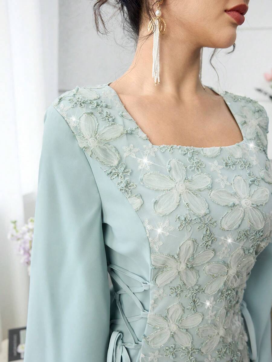 SHEIN Yasmyna فستان عربي اخضر بياقة مربعة وخصر مشدود