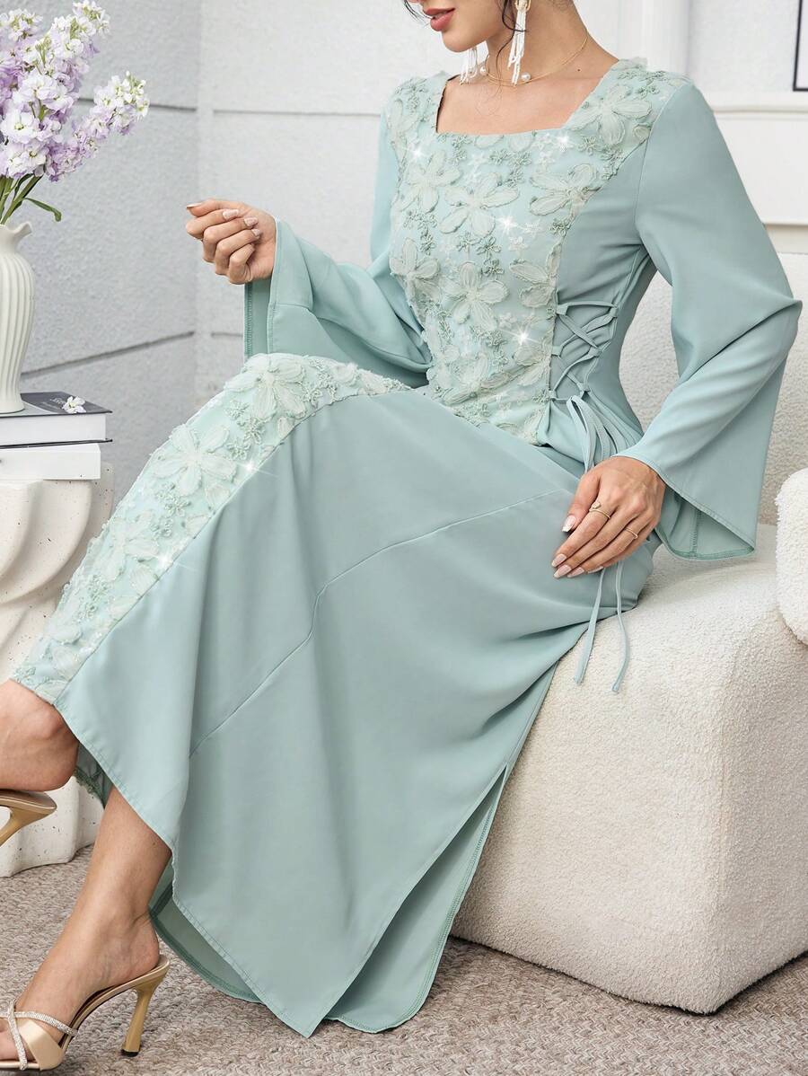 SHEIN Yasmyna فستان عربي اخضر بياقة مربعة وخصر مشدود