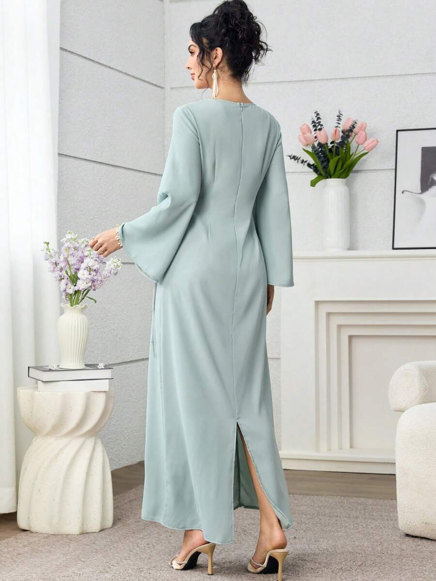 SHEIN Yasmyna فستان عربي اخضر بياقة مربعة وخصر مشدود
