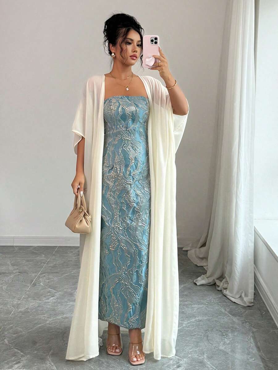 SHEIN Elenzga فستان أزرق بدون أكتاف مع شال أبيض