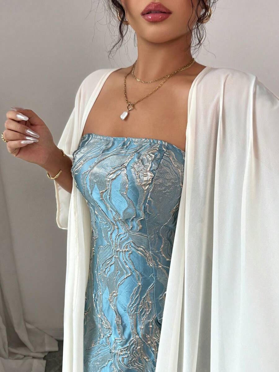 SHEIN Elenzga فستان أزرق بدون أكتاف مع شال أبيض