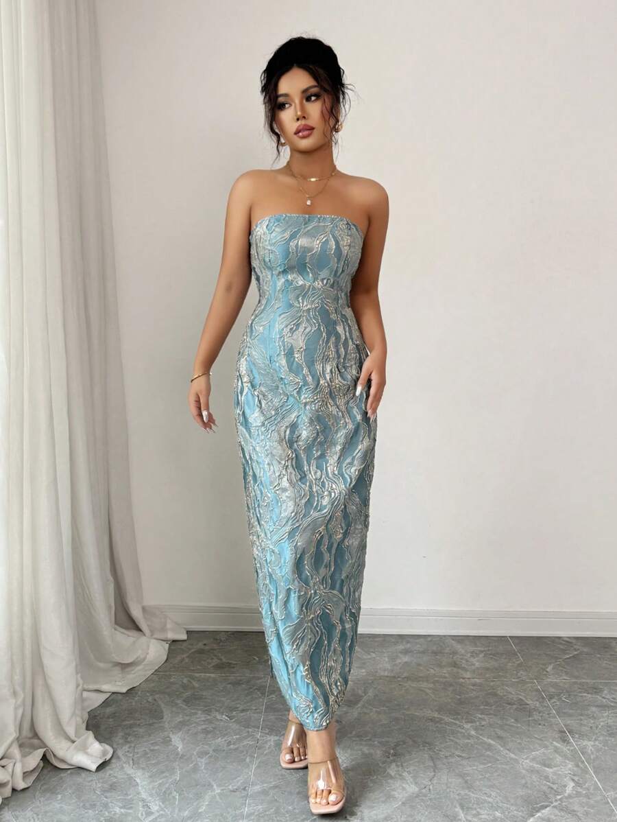 SHEIN Elenzga فستان أزرق بدون أكتاف مع شال أبيض