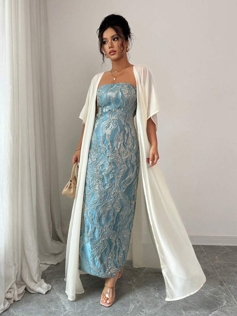 SHEIN Elenzga فستان أزرق بدون أكتاف مع شال أبيض