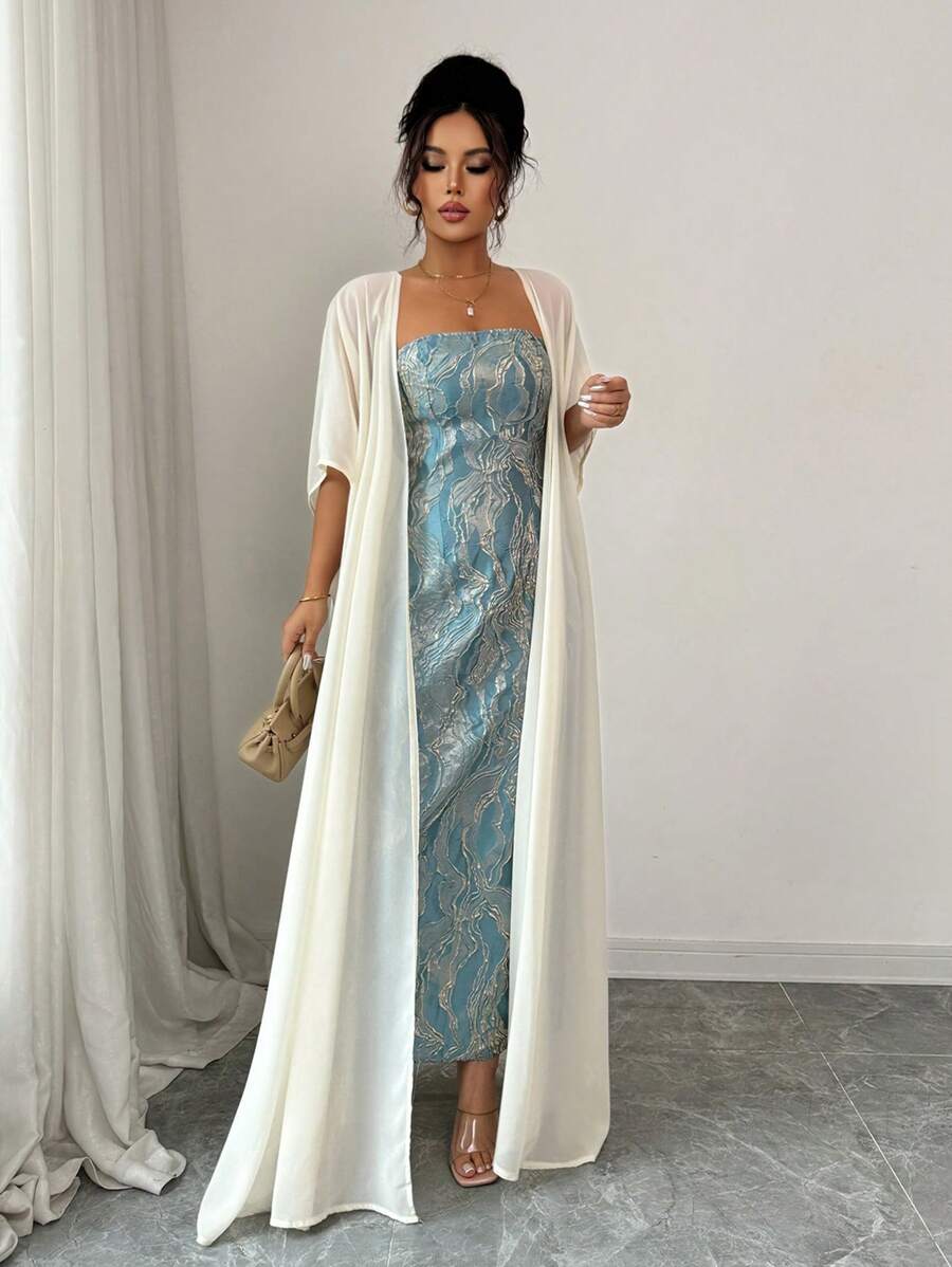SHEIN Elenzga فستان أزرق بدون أكتاف مع شال أبيض