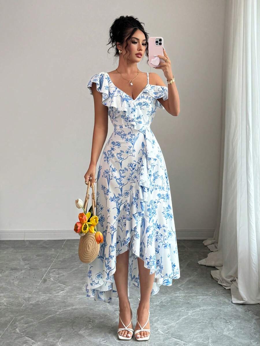 SHEIN Elenzga فستان كاجوال بكتف غير متماثل وذيل متدلي