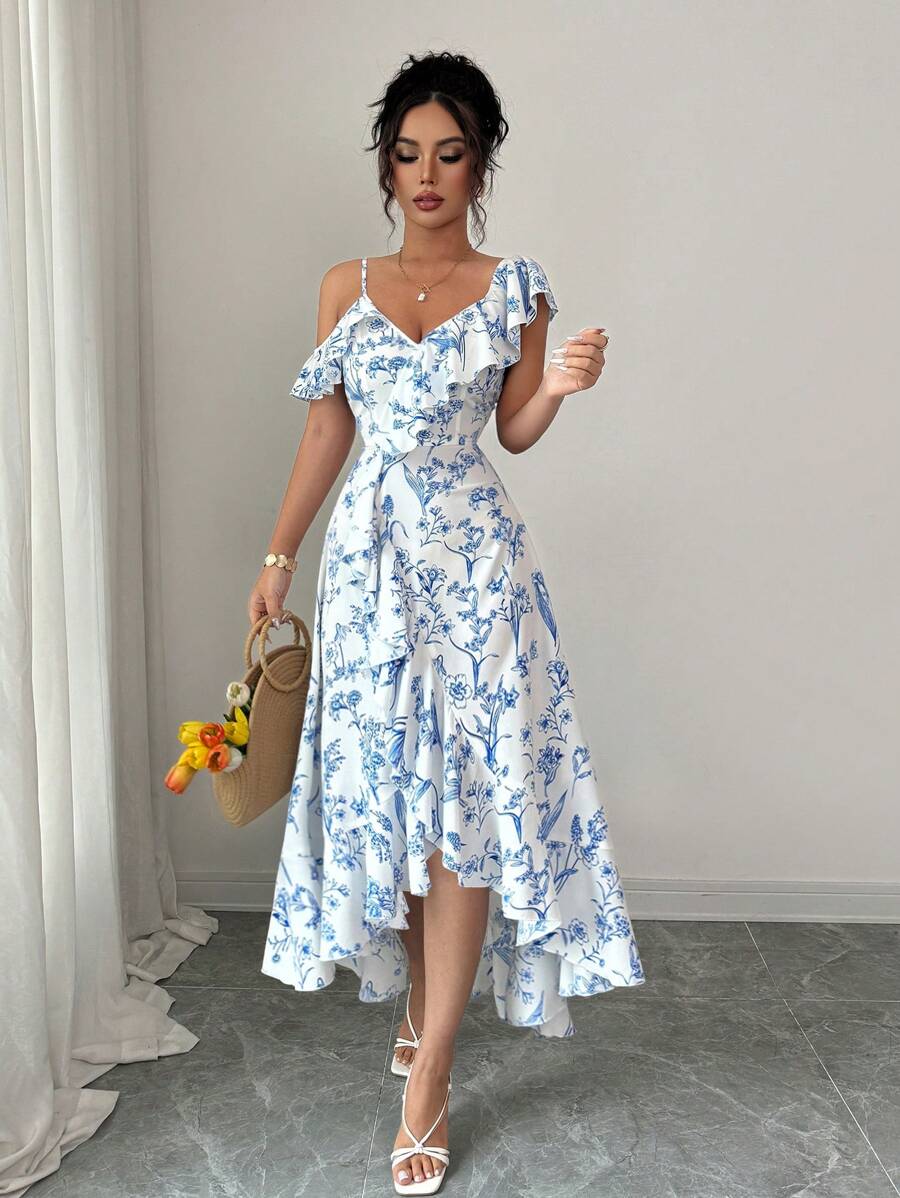 SHEIN Elenzga فستان كاجوال بكتف غير متماثل وذيل متدلي