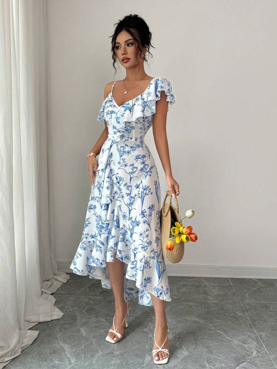 SHEIN Elenzga فستان كاجوال بكتف غير متماثل وذيل متدلي