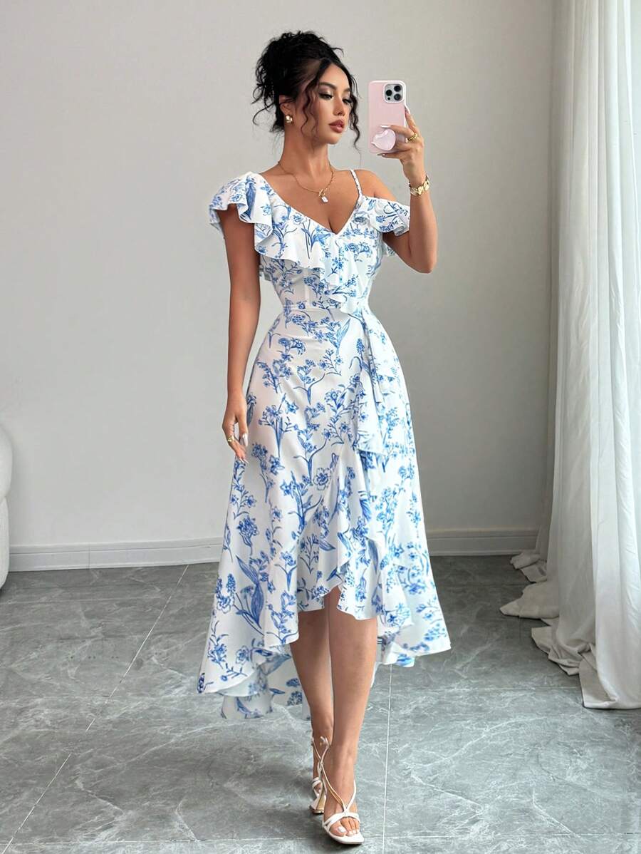 SHEIN Elenzga فستان كاجوال بكتف غير متماثل وذيل متدلي