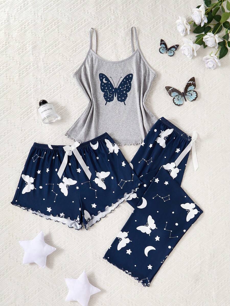 SHEIN طقم بيجامة نسائي 3 قطع مطبوع بالفراشات والفضاء