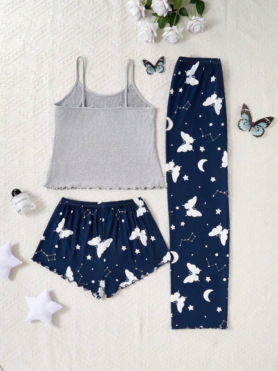 SHEIN طقم بيجامة نسائي 3 قطع مطبوع بالفراشات والفضاء